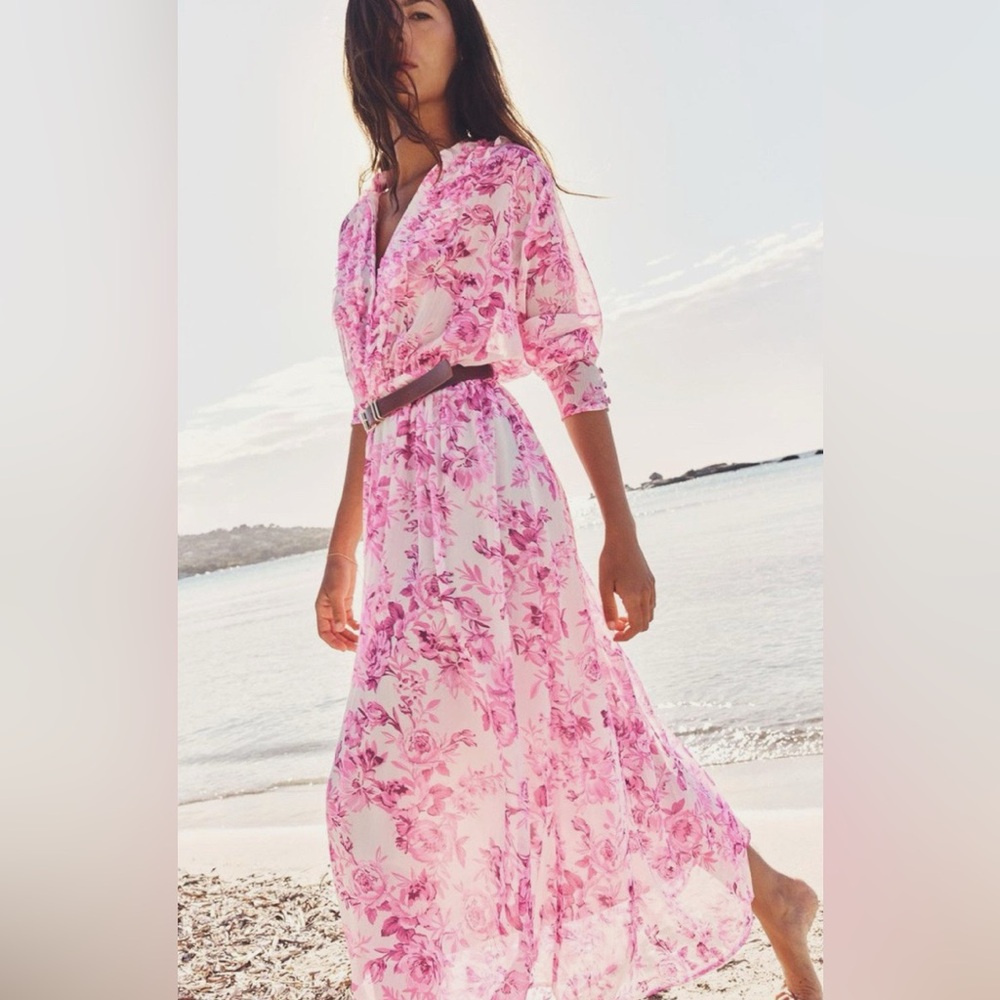 ZARA Pink and White Ruffle Midi Long-sleeved Dress Size XS NWT